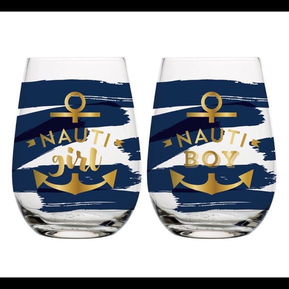 NEW! Wine Drink Glass Cup Set - Nauti Girl & Nauti Boy - Wedding Couple Gift - Picture 2 of 7